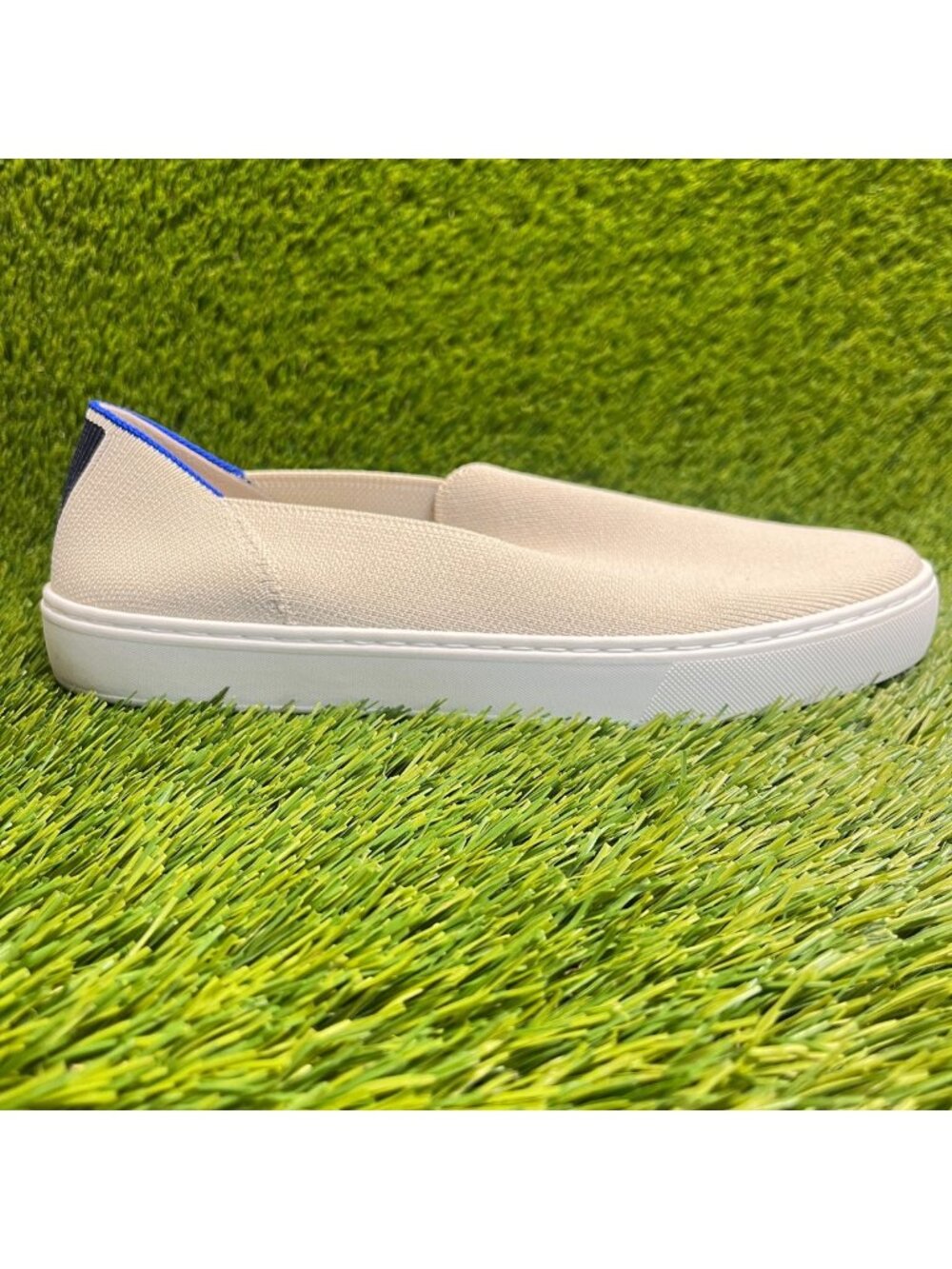 Slip-On Athletic Sneakers in Beige with Blue Trim